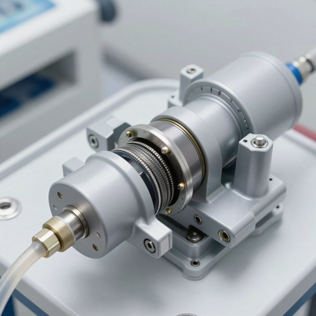 Peristaltic pump mechanism close-up showing tubing and rollers