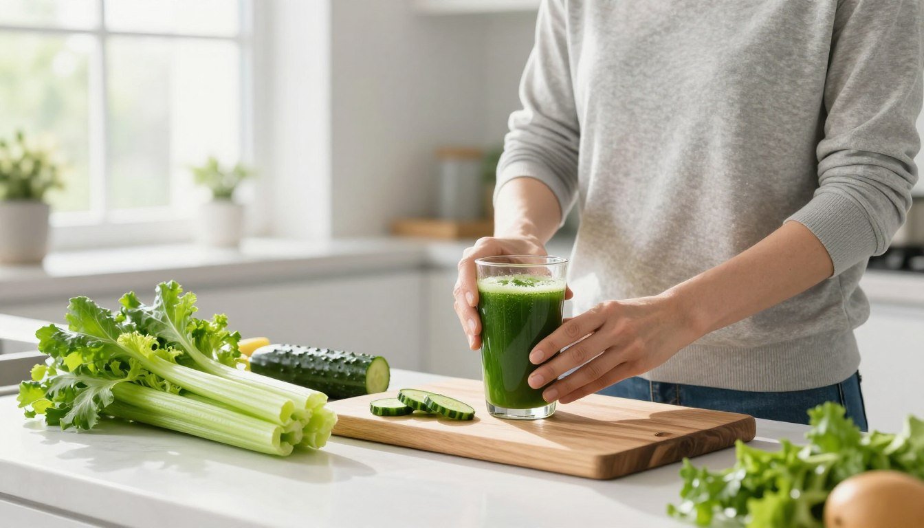 Person preparing fresh vegetable juice for bowel cleanse at home in modern UK kitchen