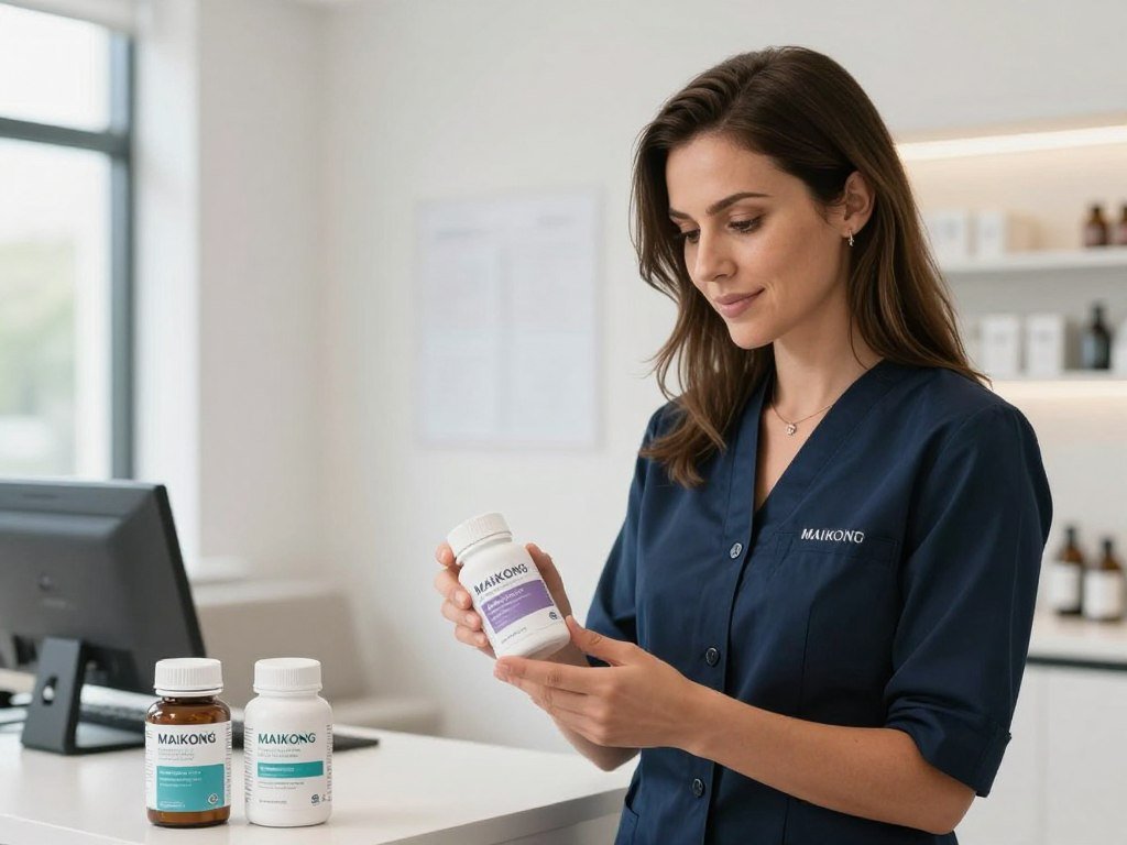 Private wellness clinic owner reviewing MAIKONG supplement product line
