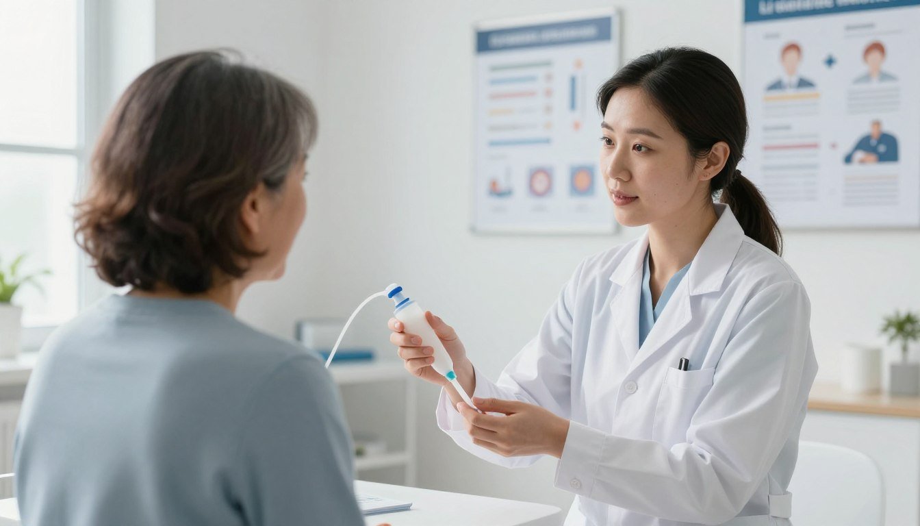 Professional healthcare provider explaining enema benefits to patient in modern UK clinic