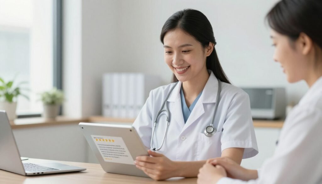Satisfied clinic owner reviewing positive client feedback