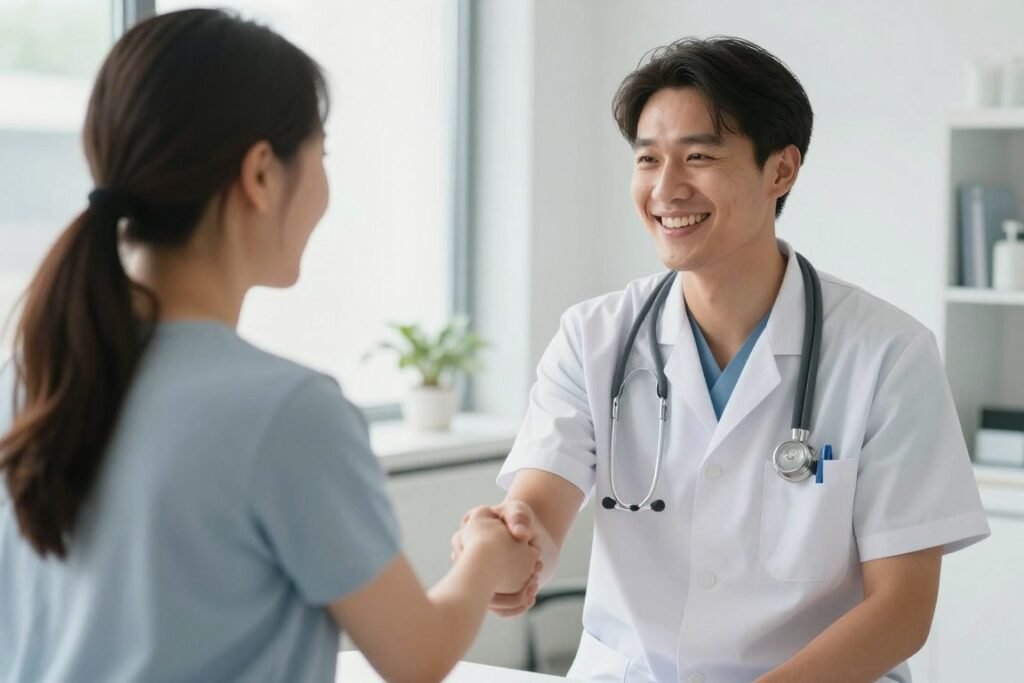 Satisfied patient and healthcare provider after successful treatment