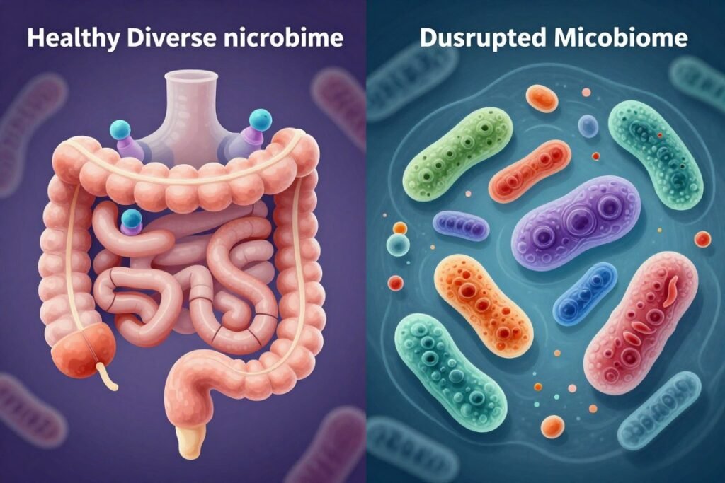 Scientific illustration of healthy gut microbiome versus disrupted microbiome Scientific illustration of healthy gut microbiome versus disrupted microbiome