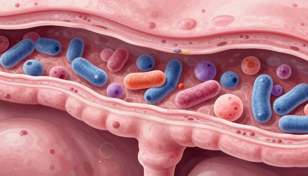 Scientific illustration of immune cells in healthy gut tissue with beneficial bacteria