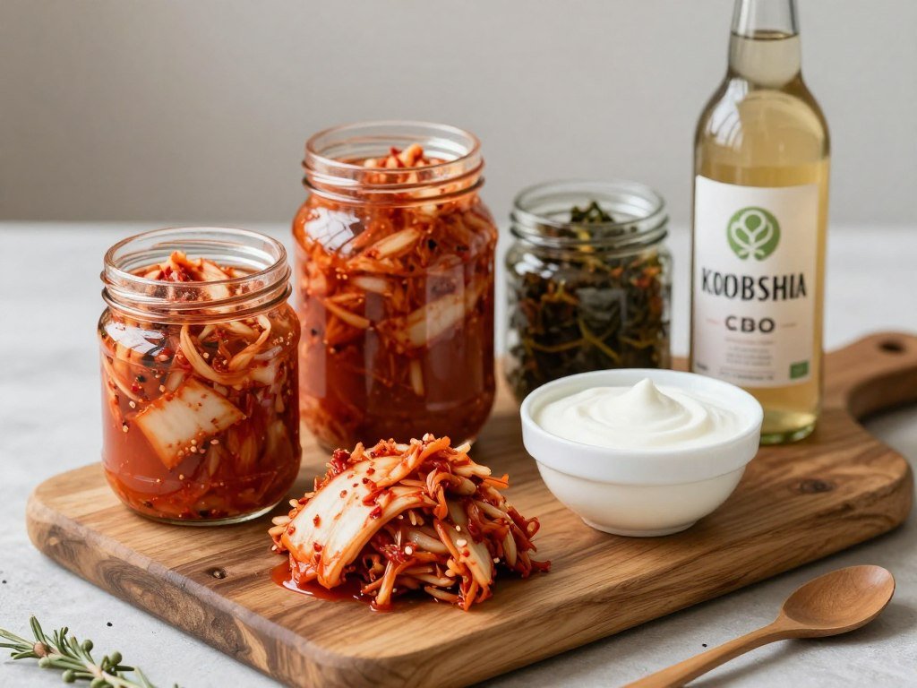 Selection of fermented foods including yogurt kimchi and kombucha for gut health