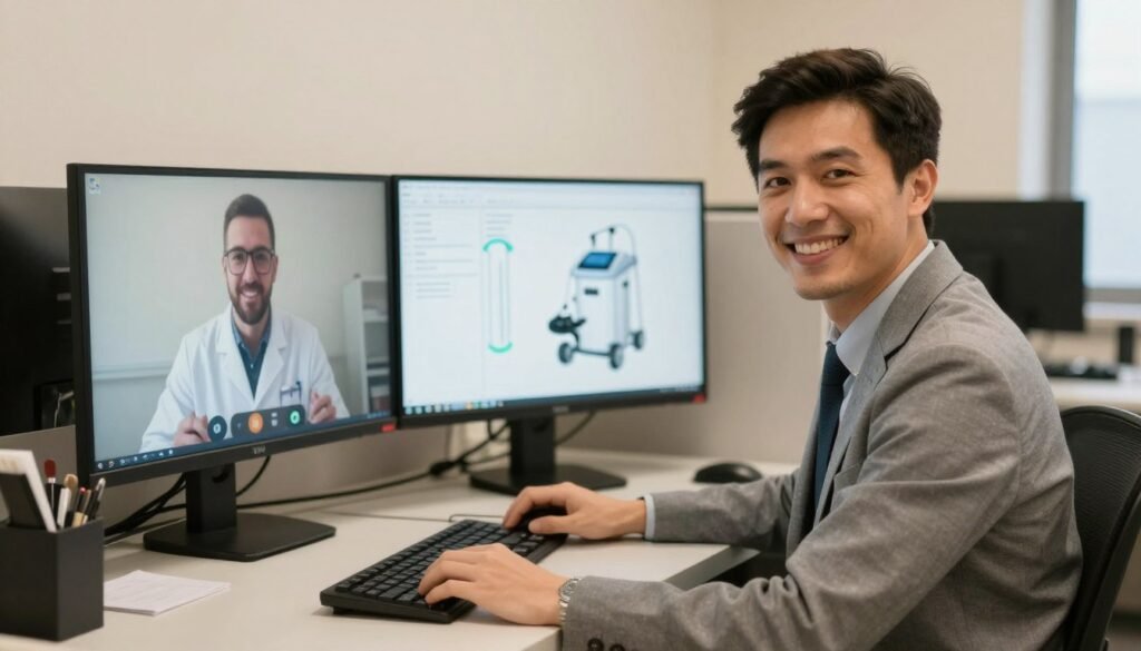 Technical support engineer providing remote assistance for colonic machine troubleshooting