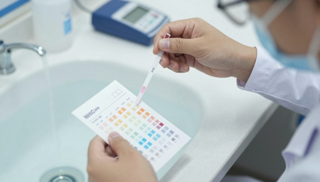 Therapist conducting water quality test with test strips