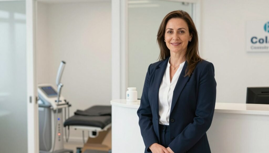 UK wellness clinic owner reviewing financial performance