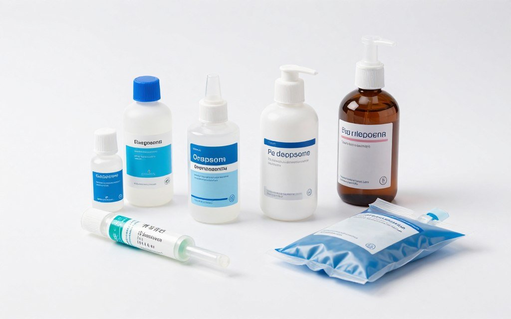 Various enema solutions and equipment displayed professionally