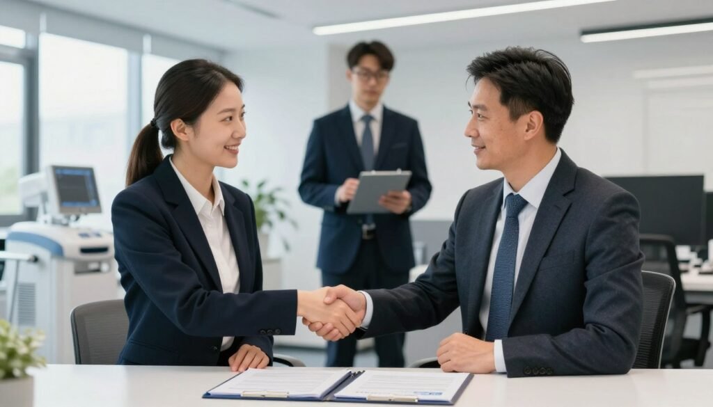 business partnership handshake medical equipment distribution