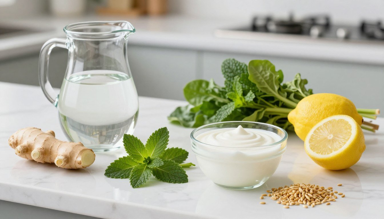 colon cleanse at home natural ingredients including water, herbal teas, and fresh vegetables