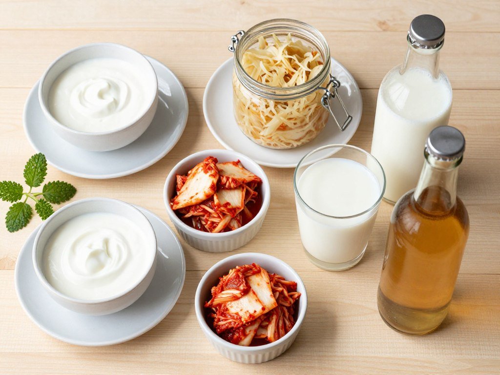fermented probiotic foods including yogurt and sauerkraut for gut health