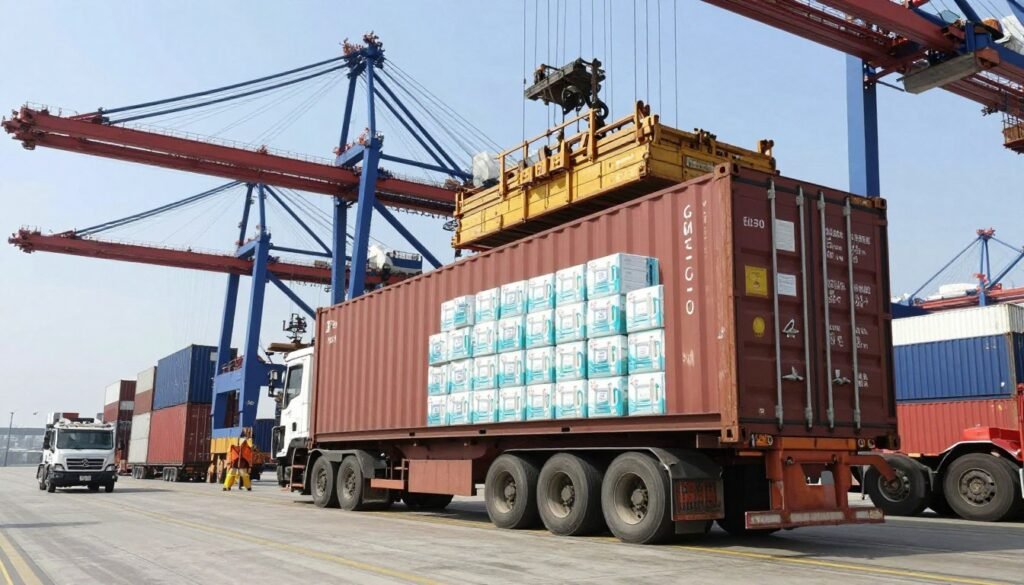 freight container being loaded with medical equipment shipment