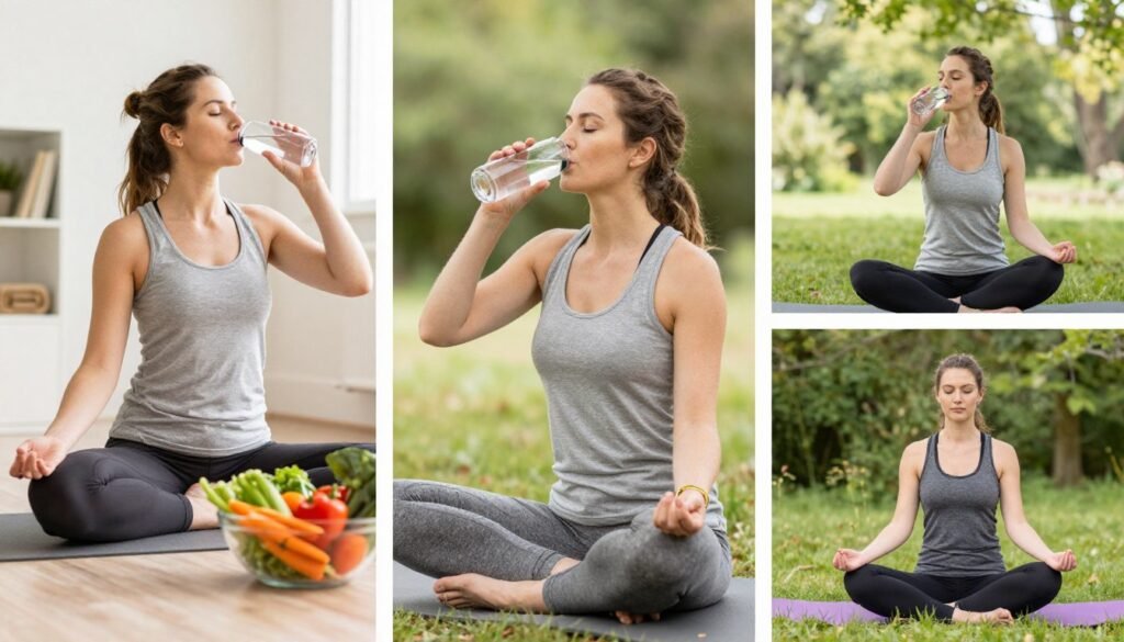 healthy lifestyle balance showing exercise, nutrition, and wellness practices