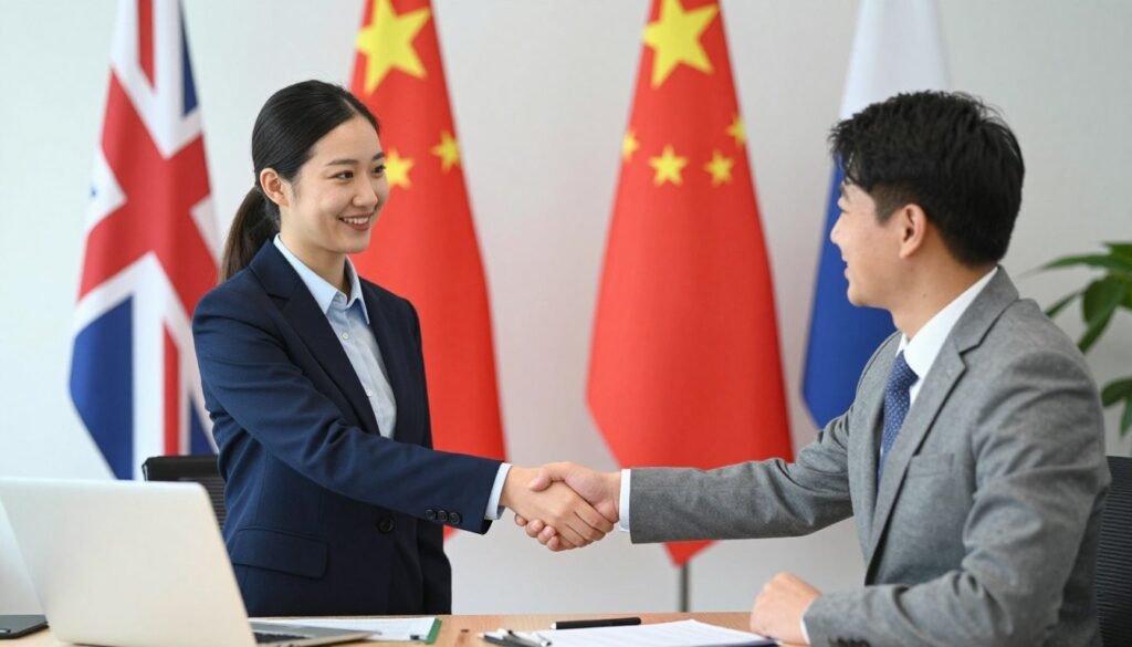 international business partnership handshake with UK and Chinese flags