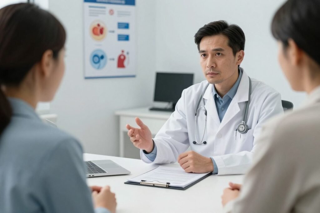 medical professional explaining coffee enema risks to patient in clinical consultation