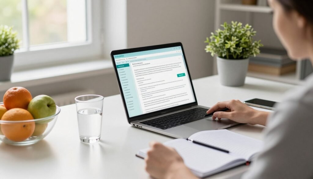 person researching colon cleanse information on laptop with healthy foods nearby