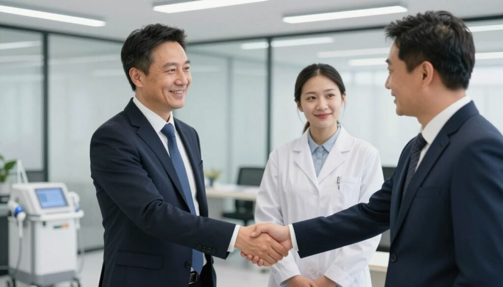 professional business partnership handshake in medical equipment industry