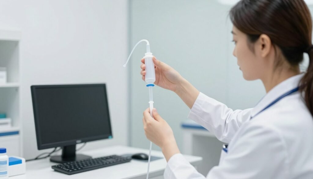 professional demonstrating proper enema administration technique for constipation in UK medical facility