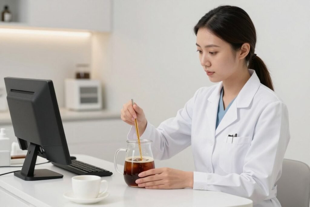 professional therapist preparing coffee enema solution in clinic