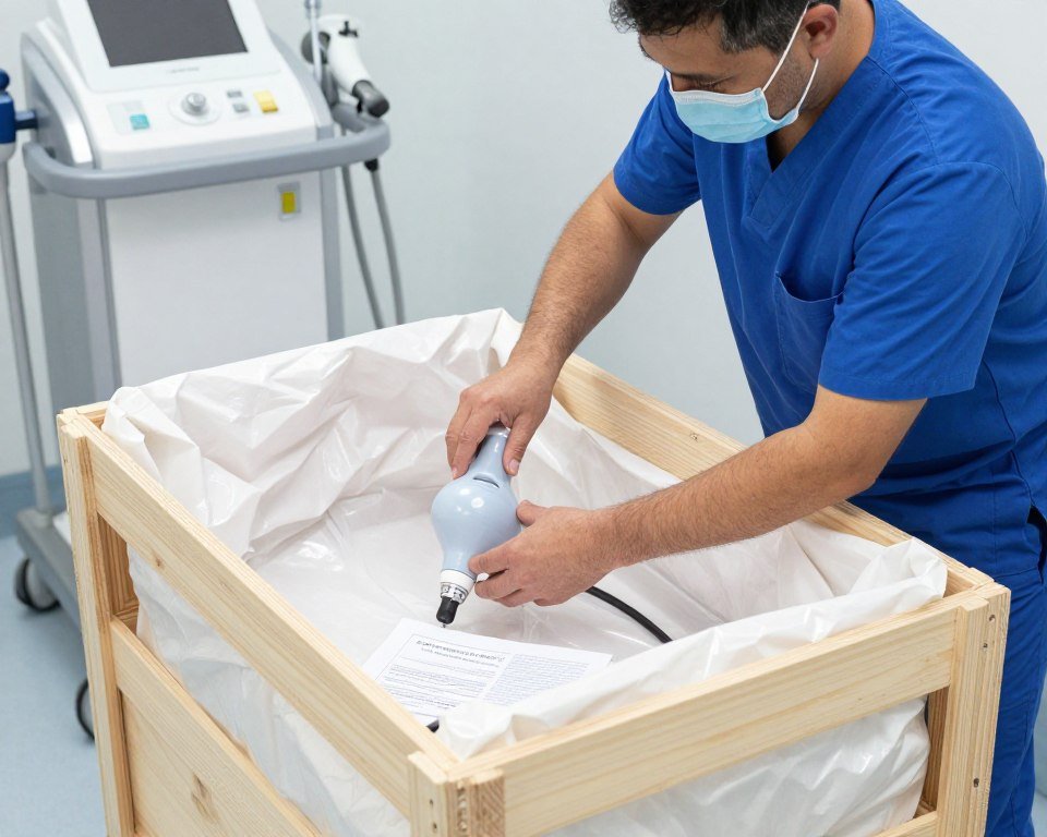 technician unpacking new colonic machine from shipping crate