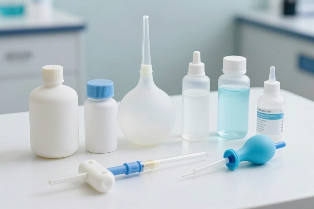 various enema constipation treatment types displayed in professional medical setting