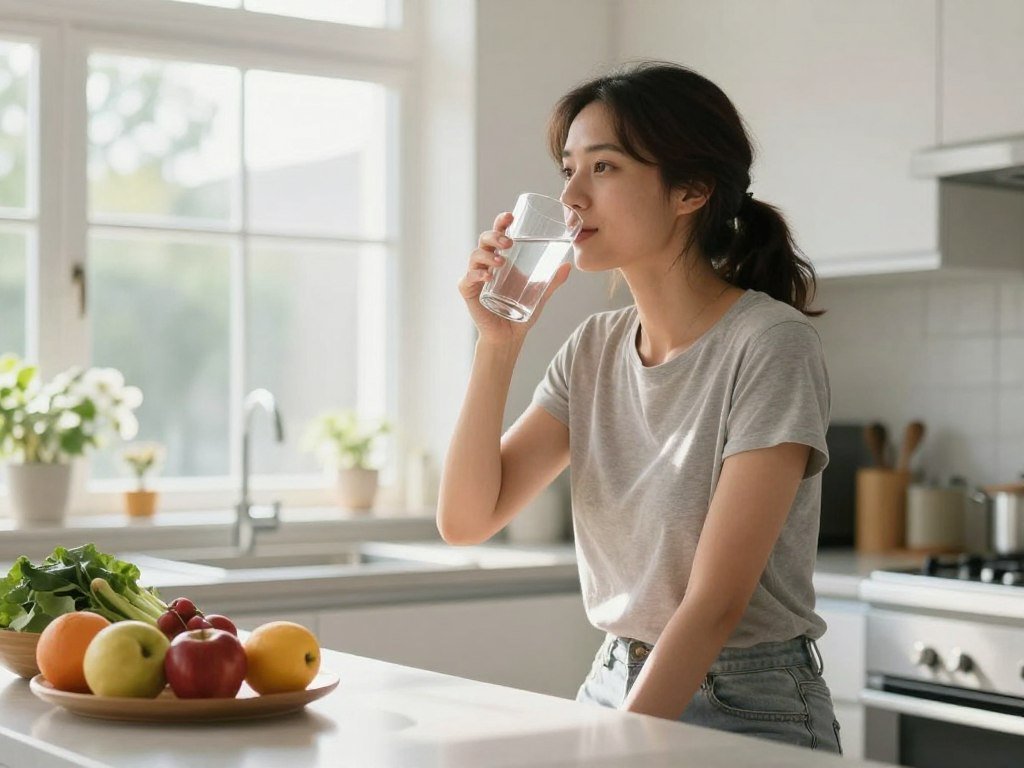 woman drinking water for colon cleanse at home in modern UK kitchen