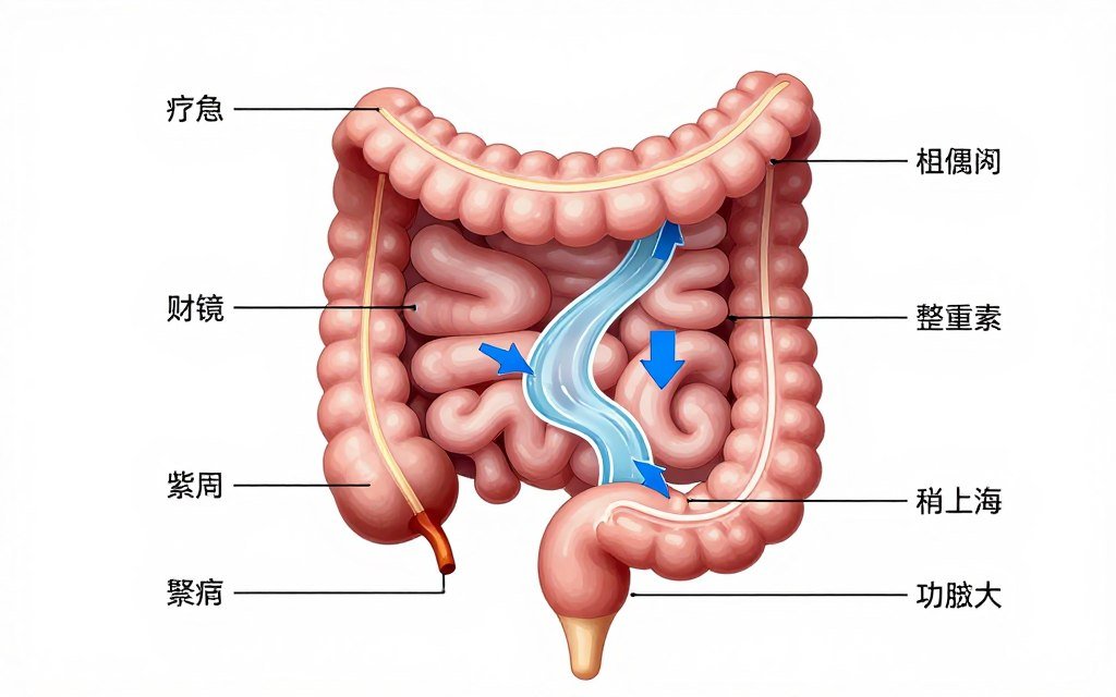 Anatomical diagram showing how colonic irrigation works in the large intestine