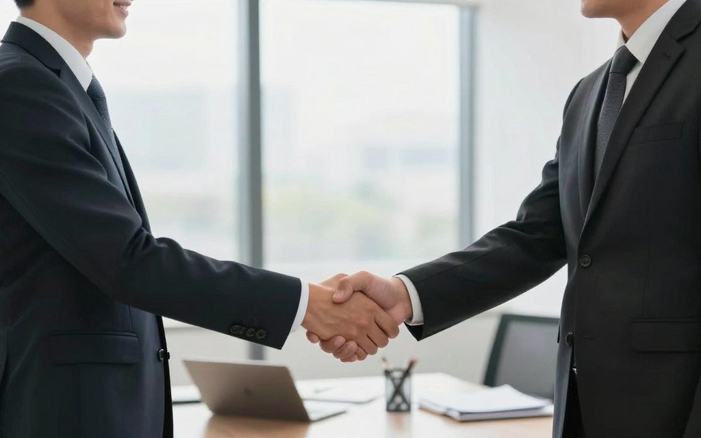 Business partners shaking hands in professional setting
