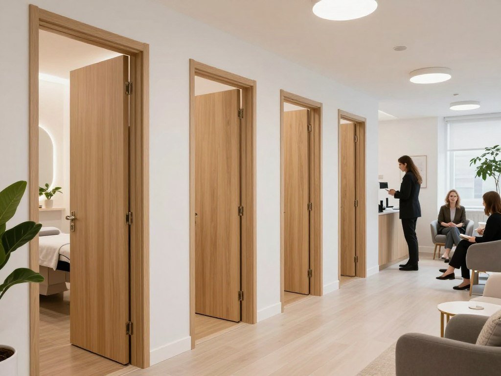 Busy London wellness clinic reception with multiple treatment rooms