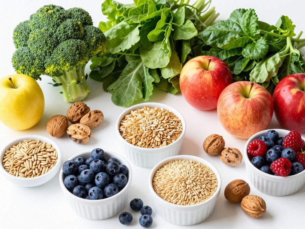 Colorful array of fresh vegetables and fruits high in fiber for natural colon health