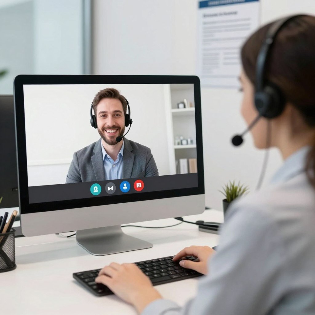 Customer support representative assisting London clinic via video call