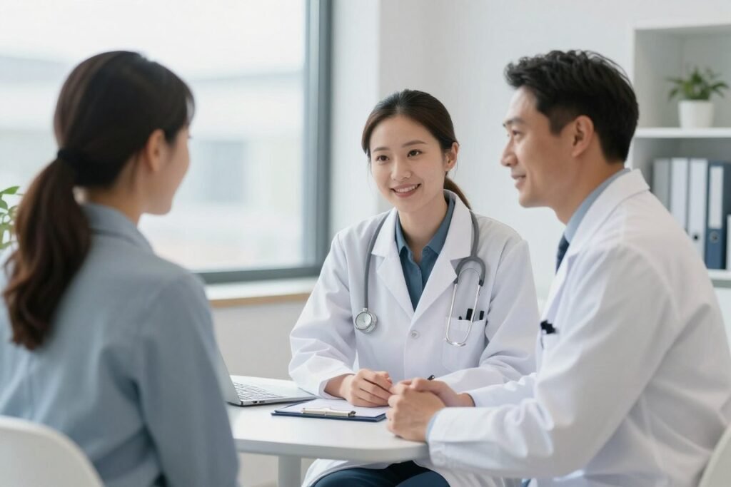 Healthcare professional discussing patient concerns in modern consultation room