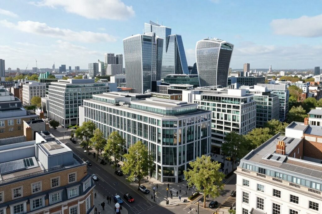 London cityscape showing wellness district with modern healthcare facilities