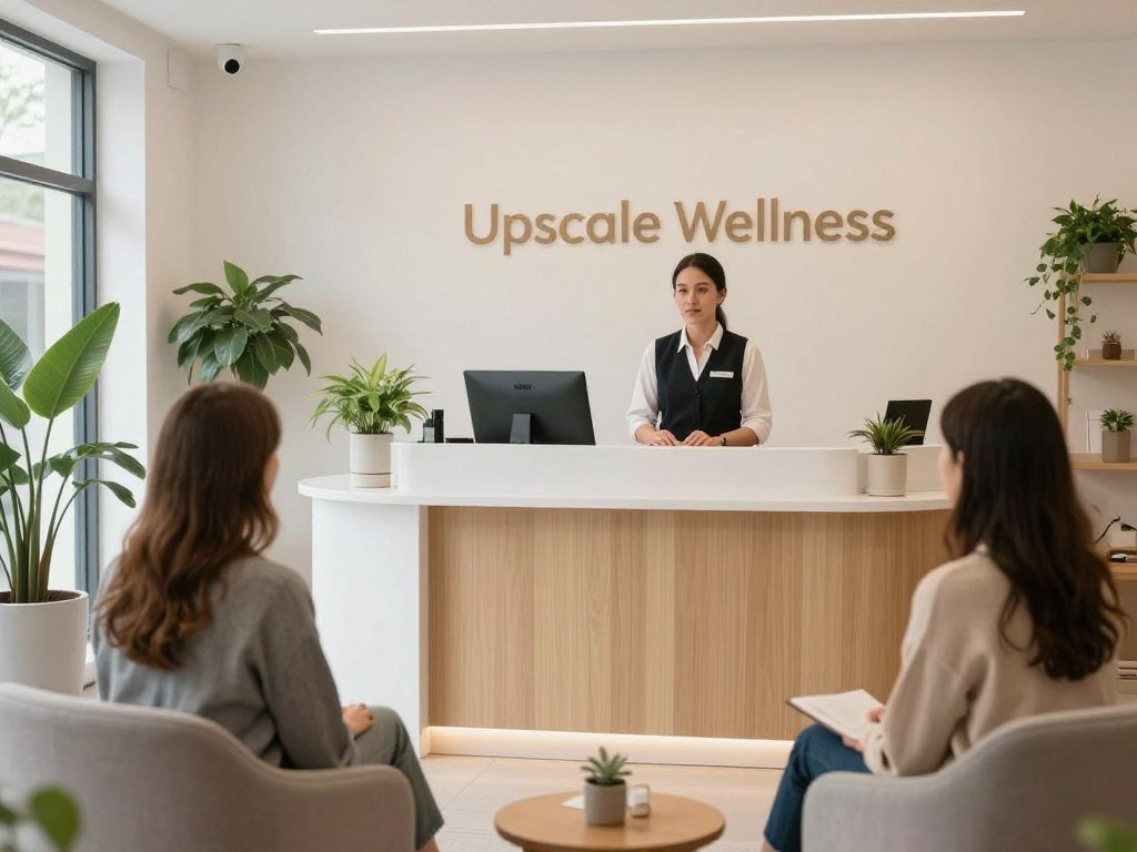 Modern wellness center reception area with professional staff welcoming clients