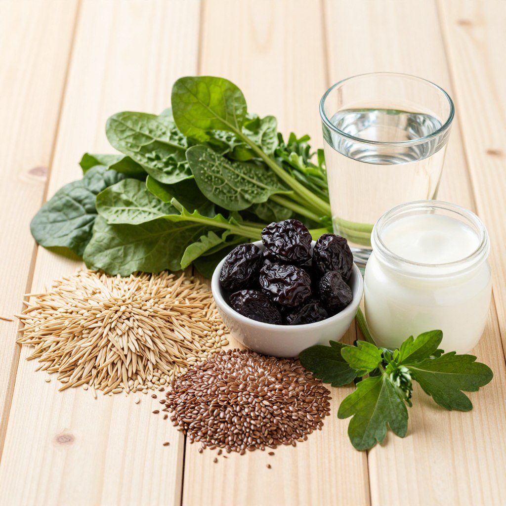 Natural ingredients for colon health including fibre-rich foods and herbs
