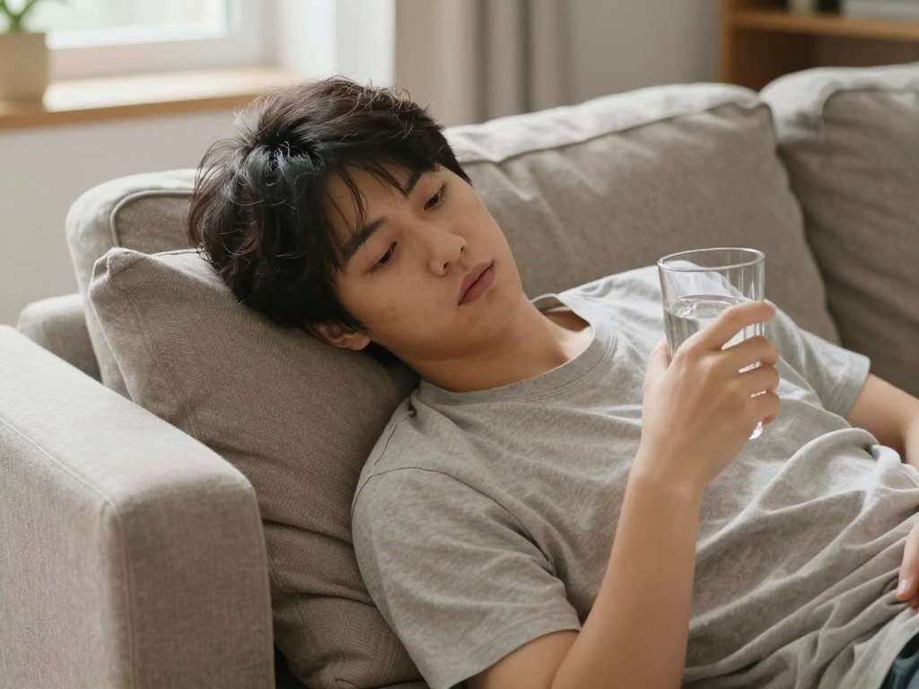 Person drinking water and resting during detox symptoms