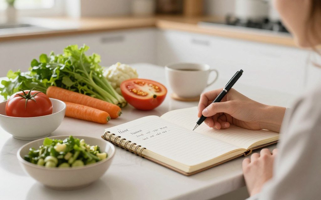 Person planning meals and writing in food journal