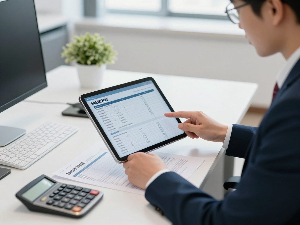 Professional reviewing equipment specifications on tablet