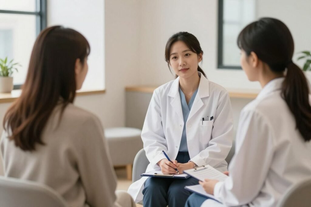Professional therapist consulting with client about colonic hydrotherapy treatment