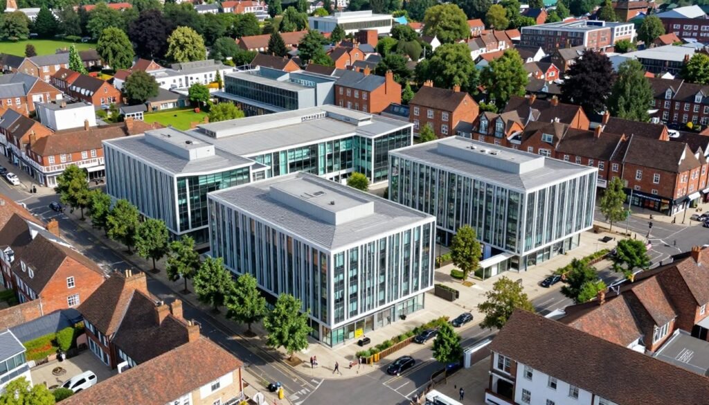 Reading UK cityscape showing wellness district with modern health clinics
