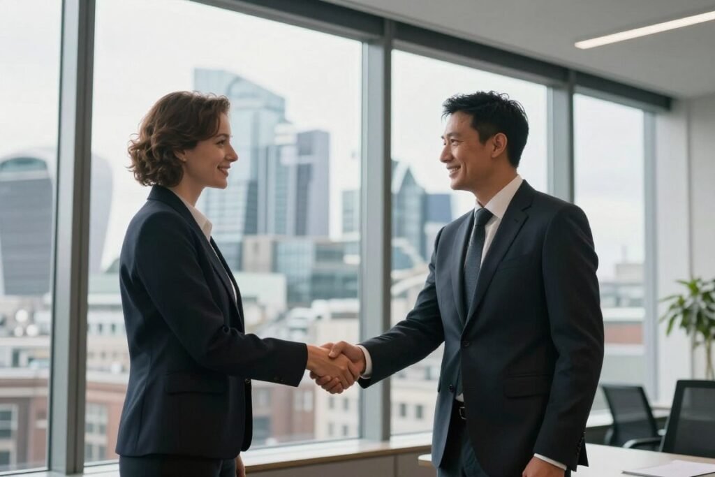 Successful business partnership handshake with London skyline background