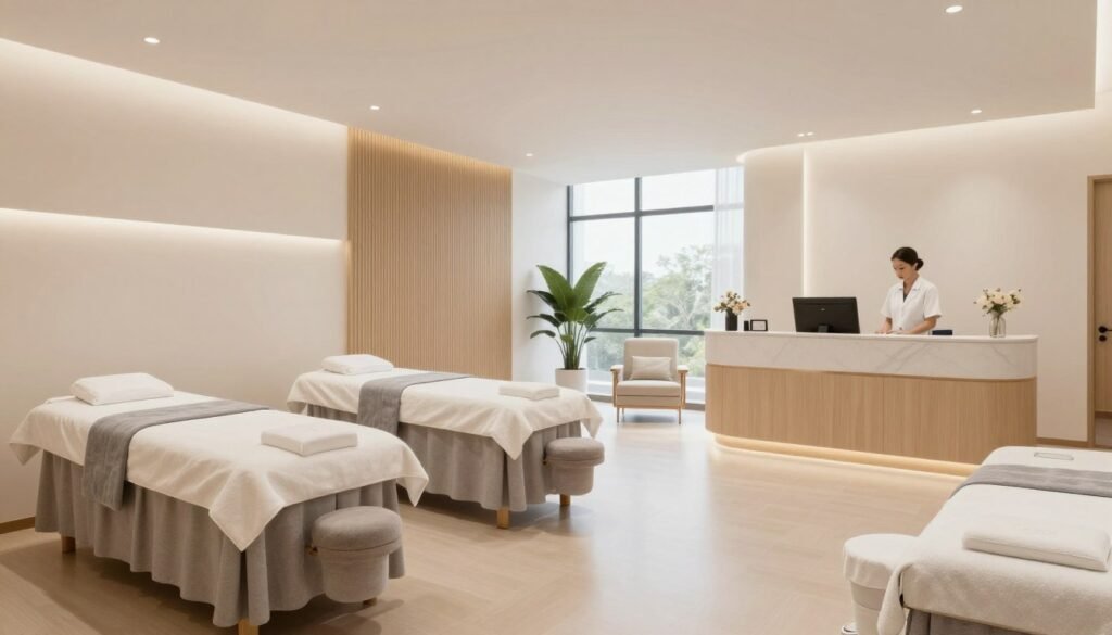 Successful wellness clinic interior with treatment rooms