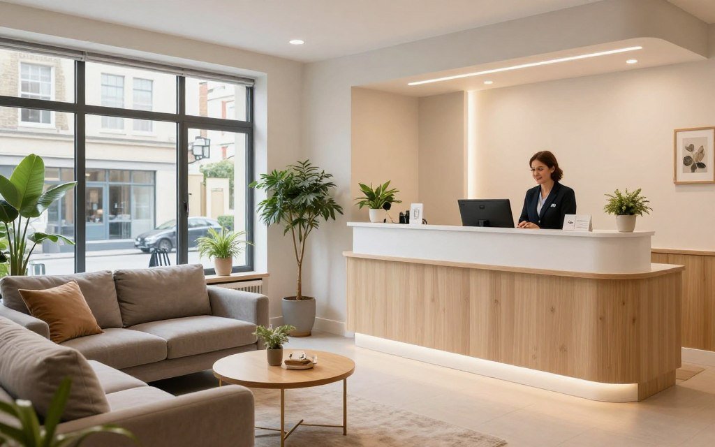 Welcoming colonic irrigation clinic reception area in Reading with comfortable seating