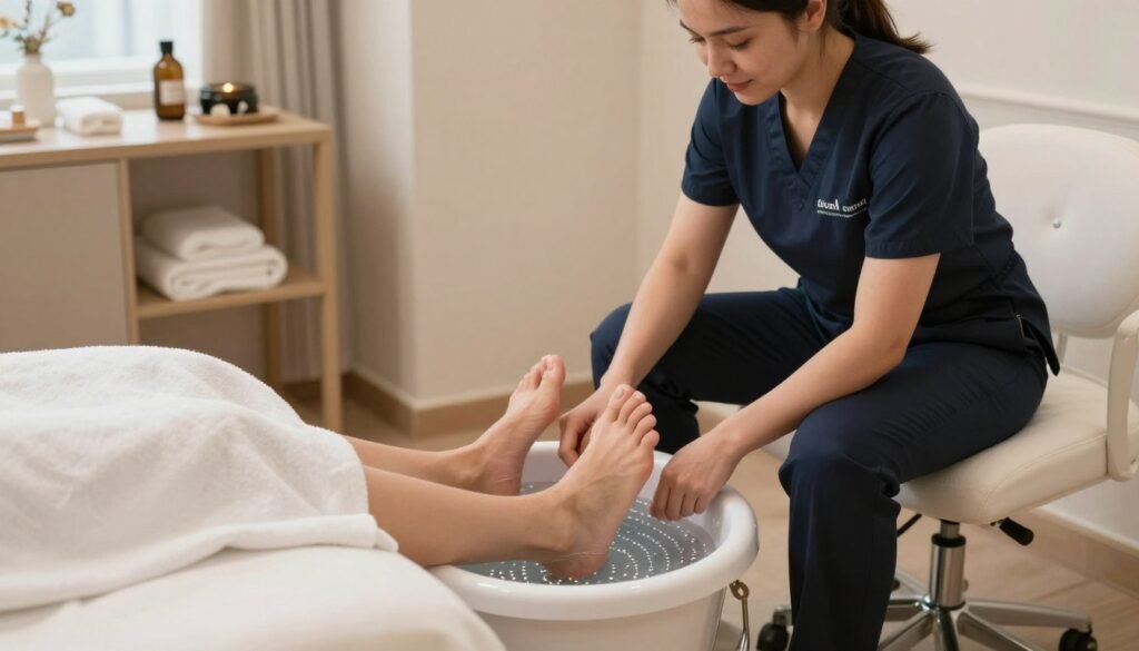 British client receiving foot detox treatment in professional spa