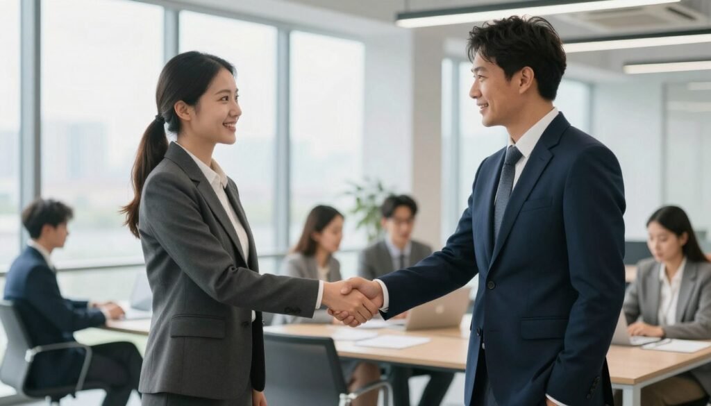 Business partnership handshake in professional office