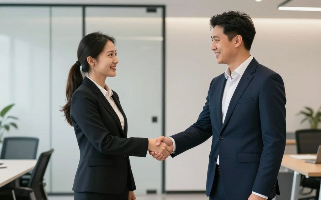 Business partnership handshake in professional setting