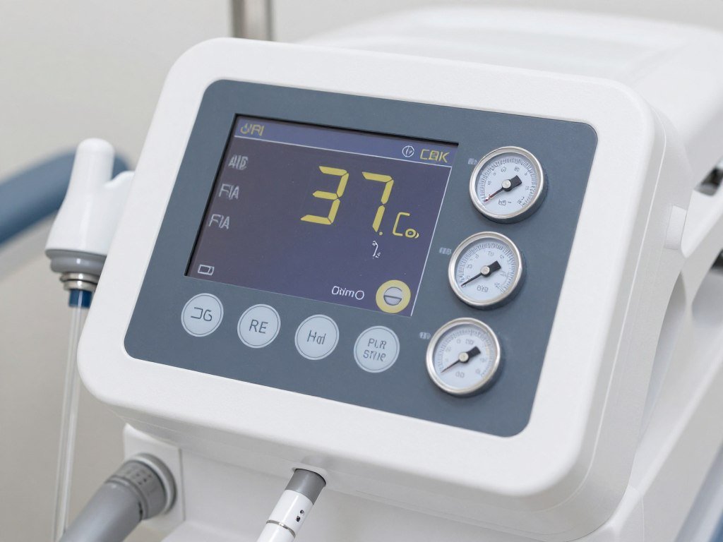 Close-up of colonic machine digital control panel displaying temperature and pressure settings