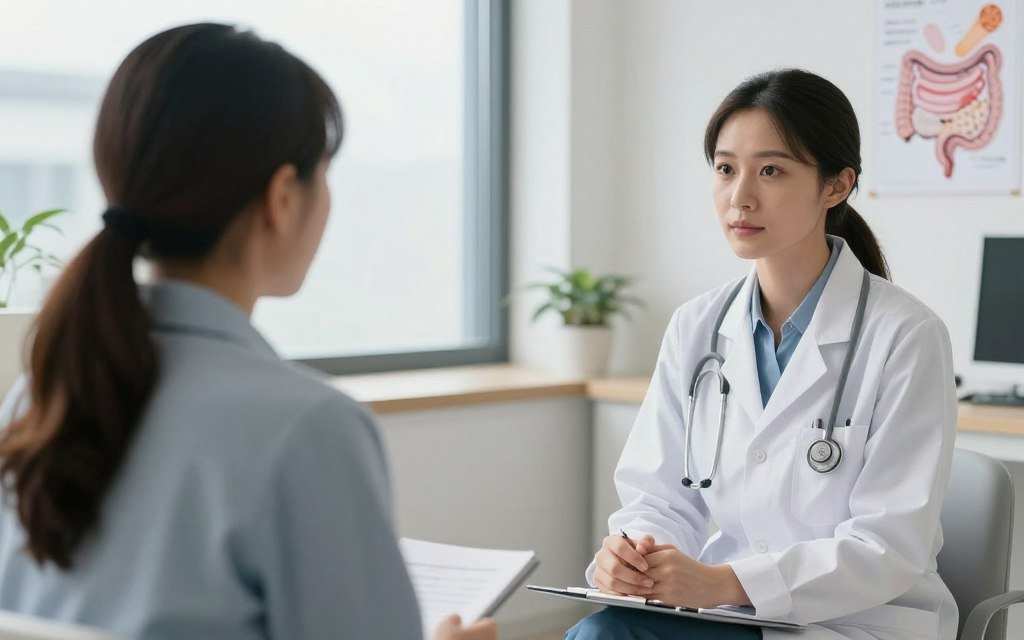 Healthcare professional consulting with patient about digestive health