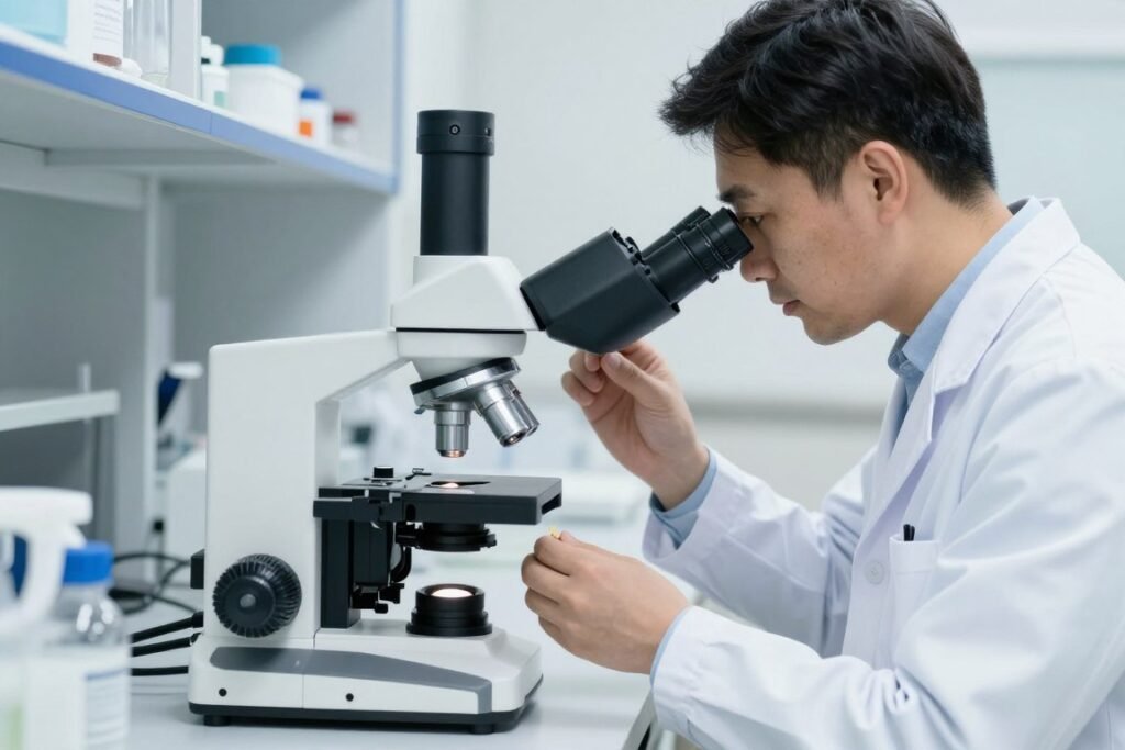 Laboratory technician examining stool sample under microscope
